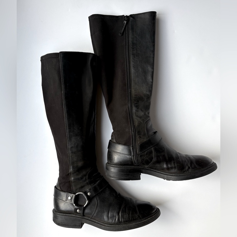 Nine West Black Knee High Leather Motorcycle Boots, Women’s Size 9